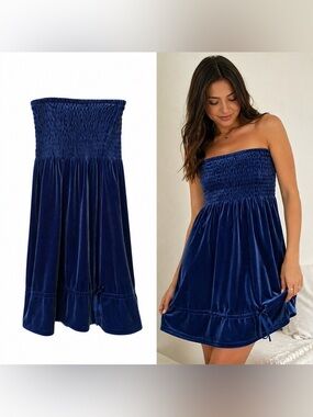 Frenchi Blue Velvet Strapless Smocked Mini Dress Fairycore Coquette S